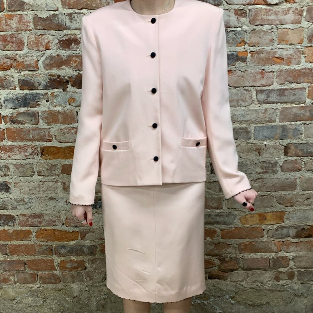 Vintage 80's Pale Pink Skirt Suit with Covered Buttons and Bead Fringe
